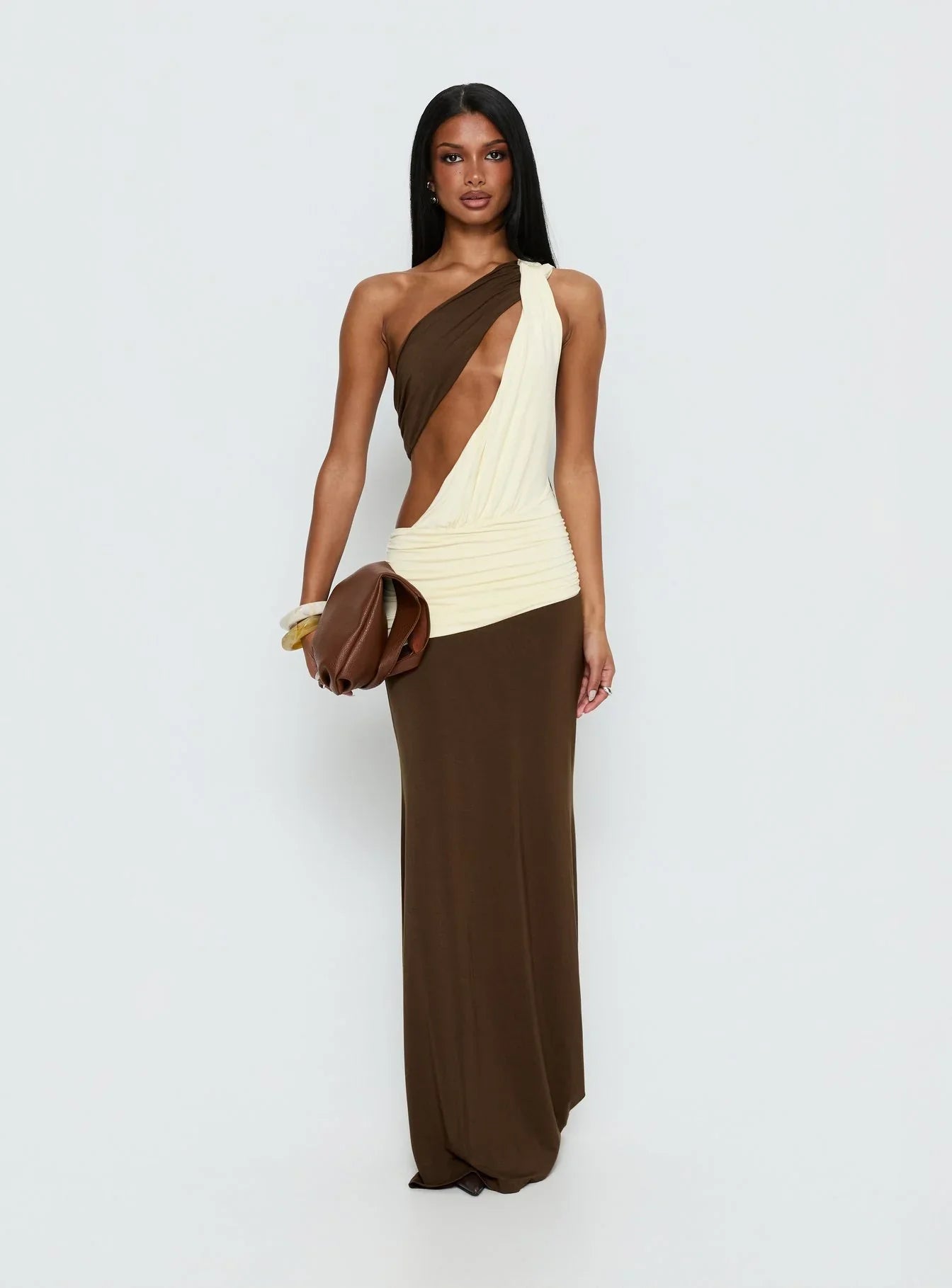 Loletta Draped One Shoulder Maxi Dress Chocolate / Yellow