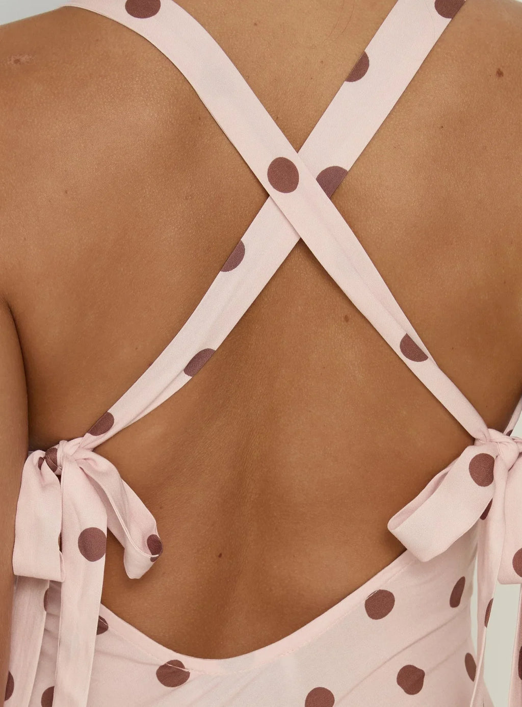 Picante Bias Cross Back Maxi Dress Pink Polka