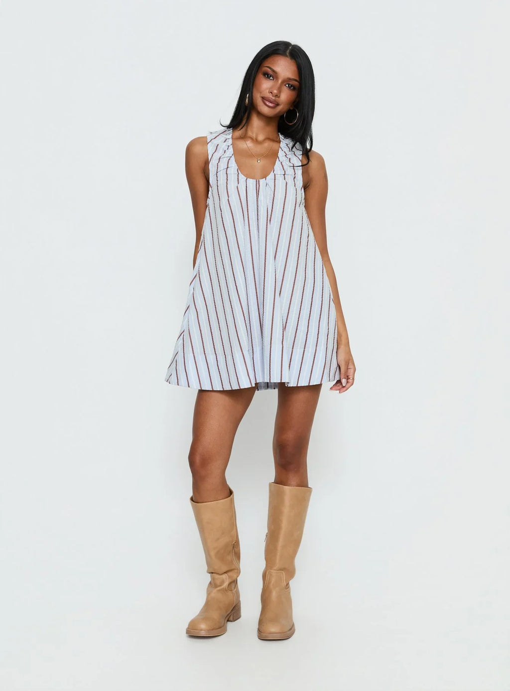 Eberta Ruched Baby Doll Mini Dress Blue Stripe