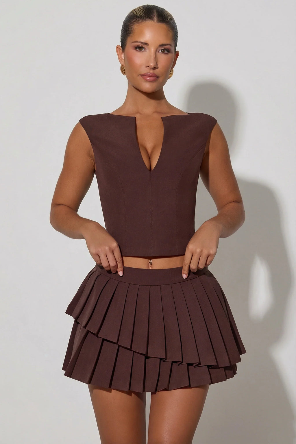 Open-Front Crop Top in Chocolate Brown