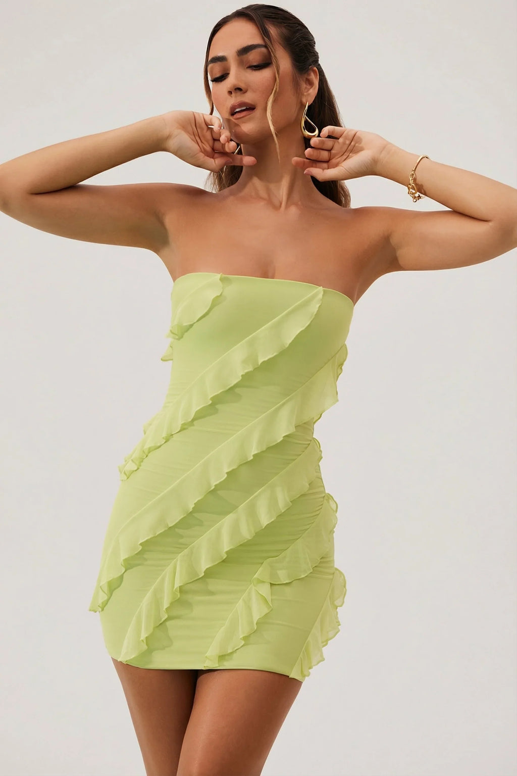 Bandeau Ruffle Detail Mini Dress in Lime Green