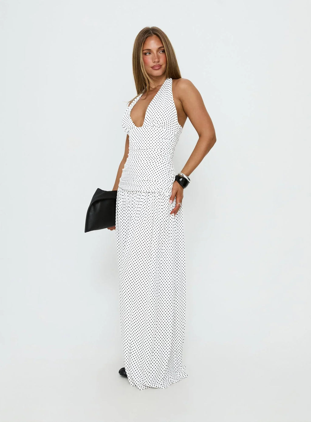 Millen Gathered Waist Halter Maxi Dress White Polka Dot