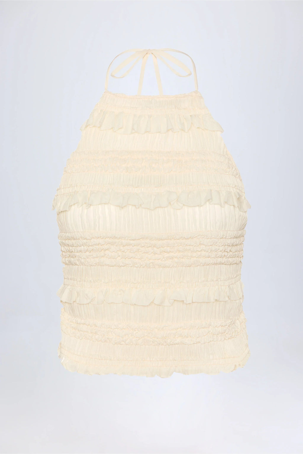 Ruffled High-Neck Backless Top in Ivory