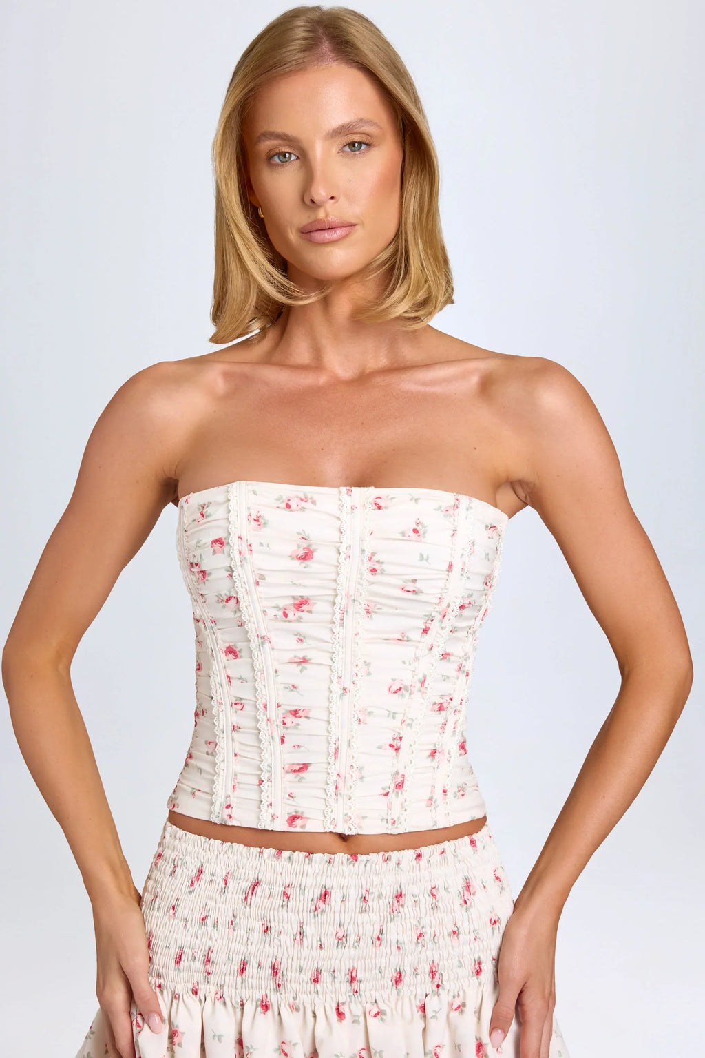 Ruched Lace-Up Corset Top in Small Rose Print