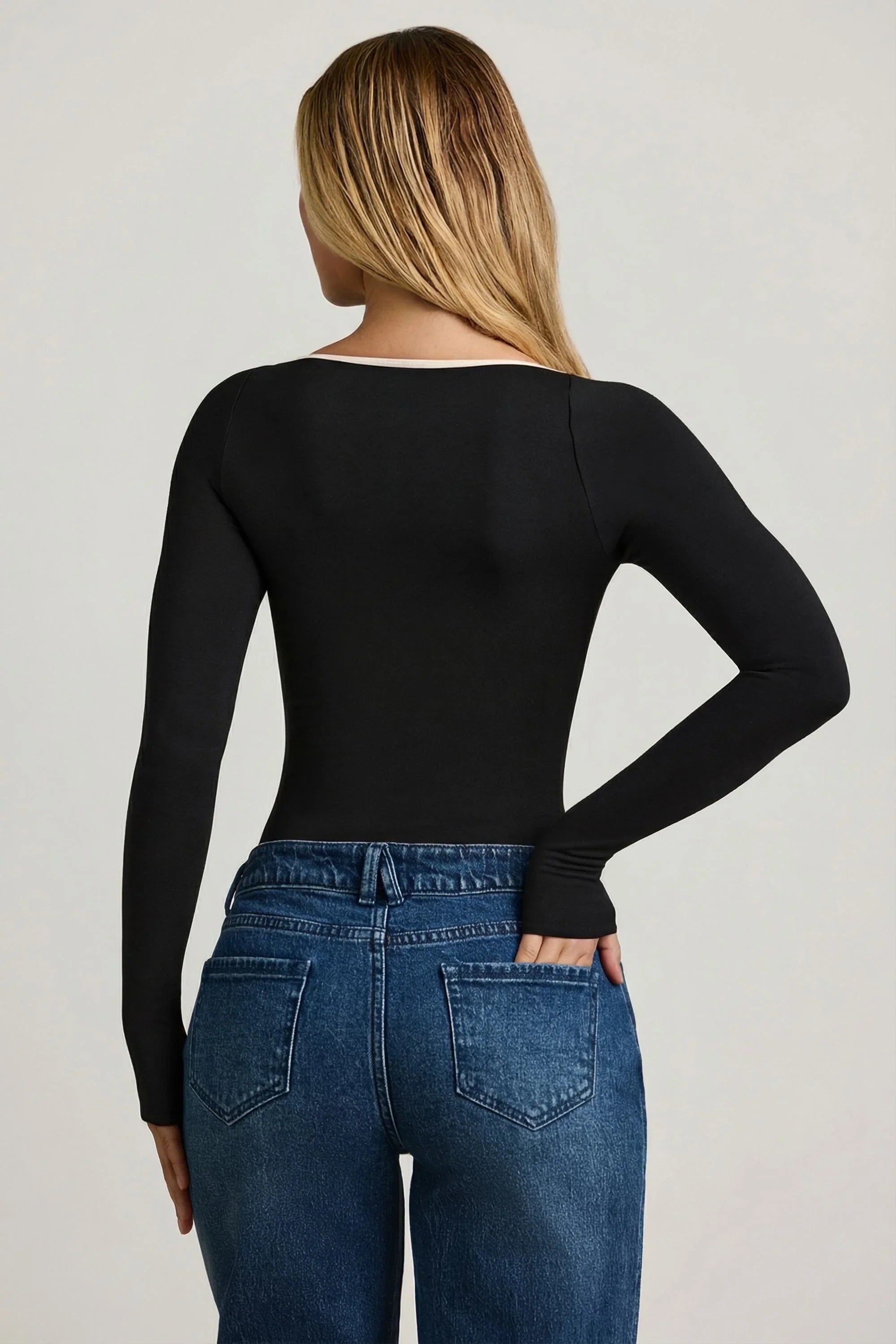 Modal Contrast-Trim Bodysuit in Black