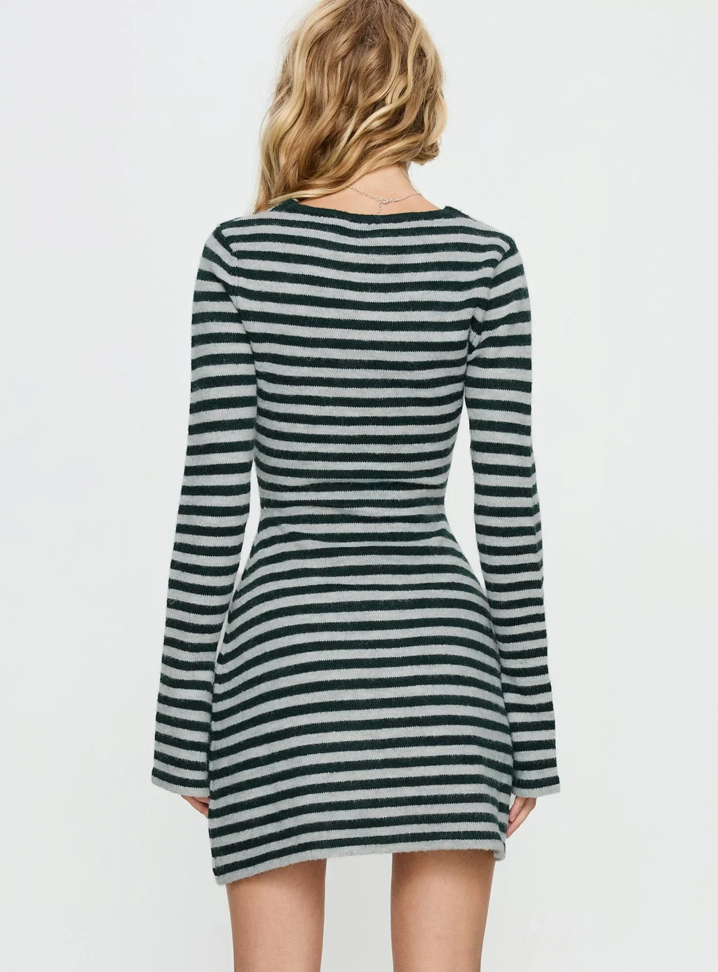 Morgen Asymmetrical Long Sleeve Mini Dress Grey / Green Stripe