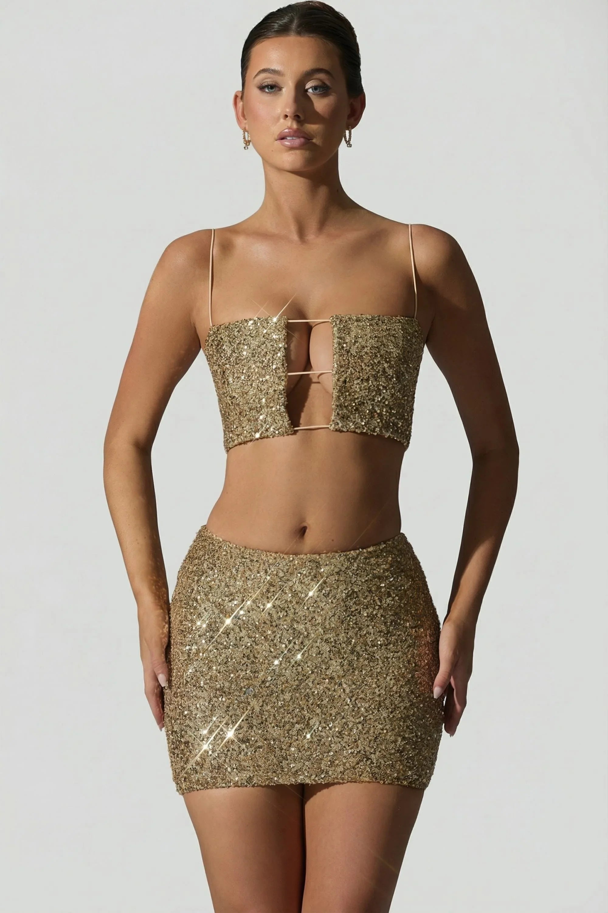 Embellished Mid-Rise Mini Skirt in Gold