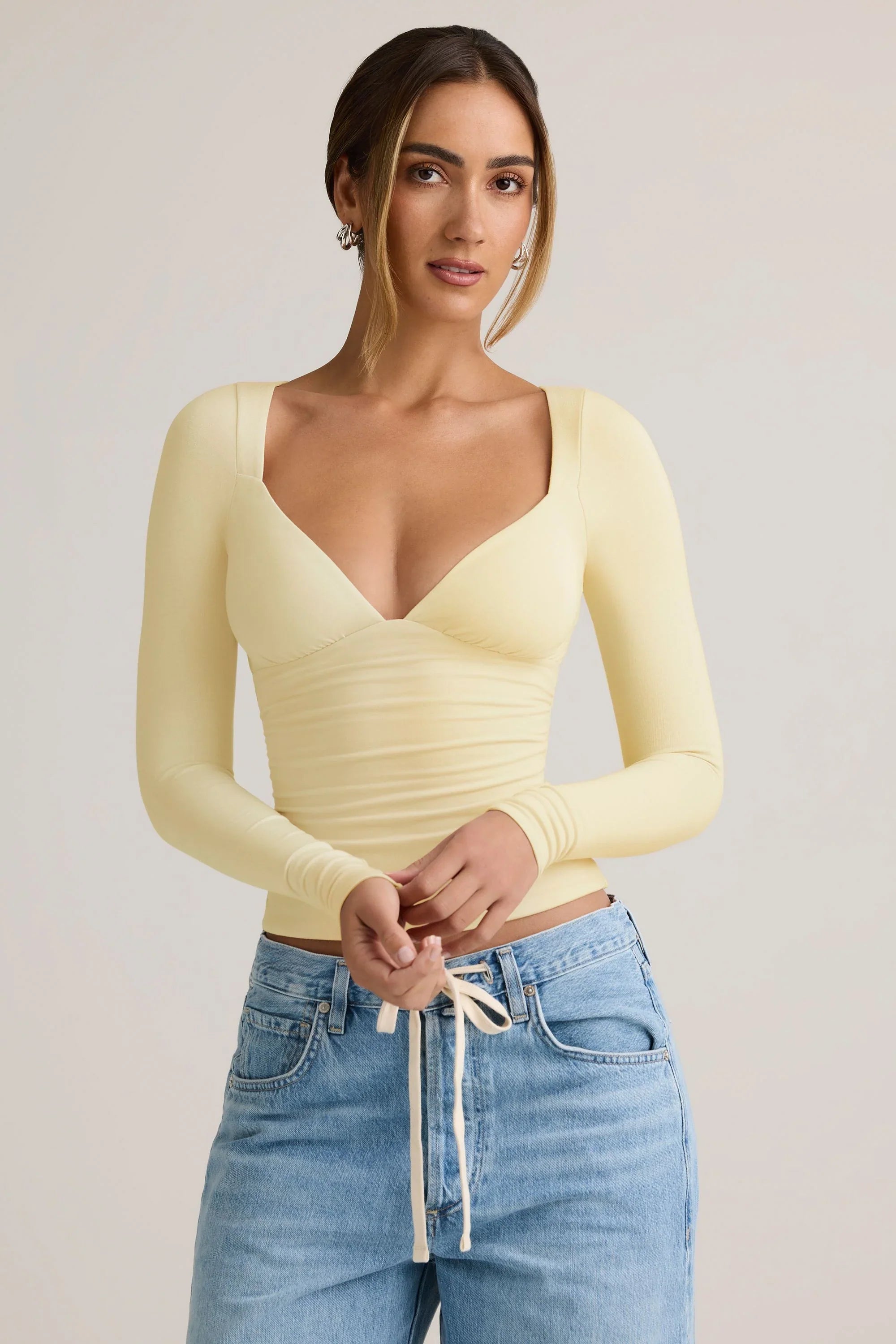 Modal Ruched Long-Sleeve Top in Buttercream Yellow