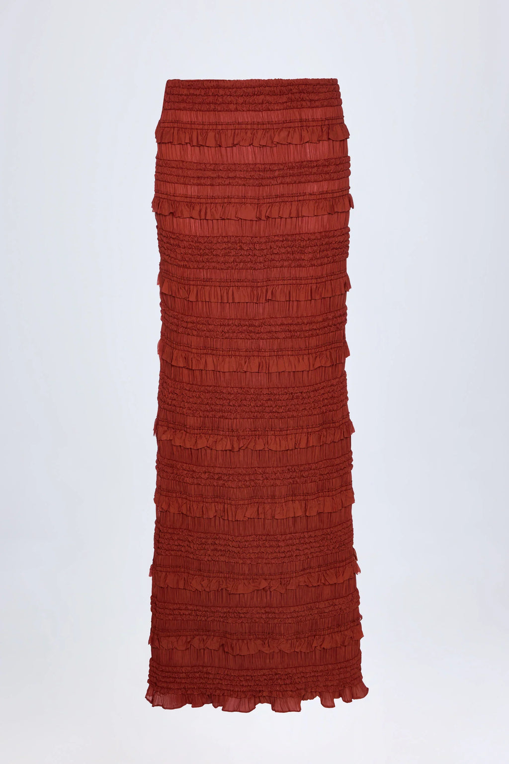 Ruffled Mid-Rise Maxi Skirt in Burnt Red