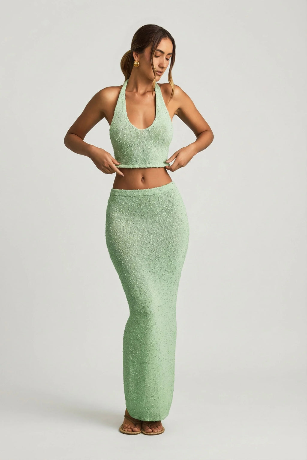 Bouclé Mid-Rise Maxi Skirt in Mint