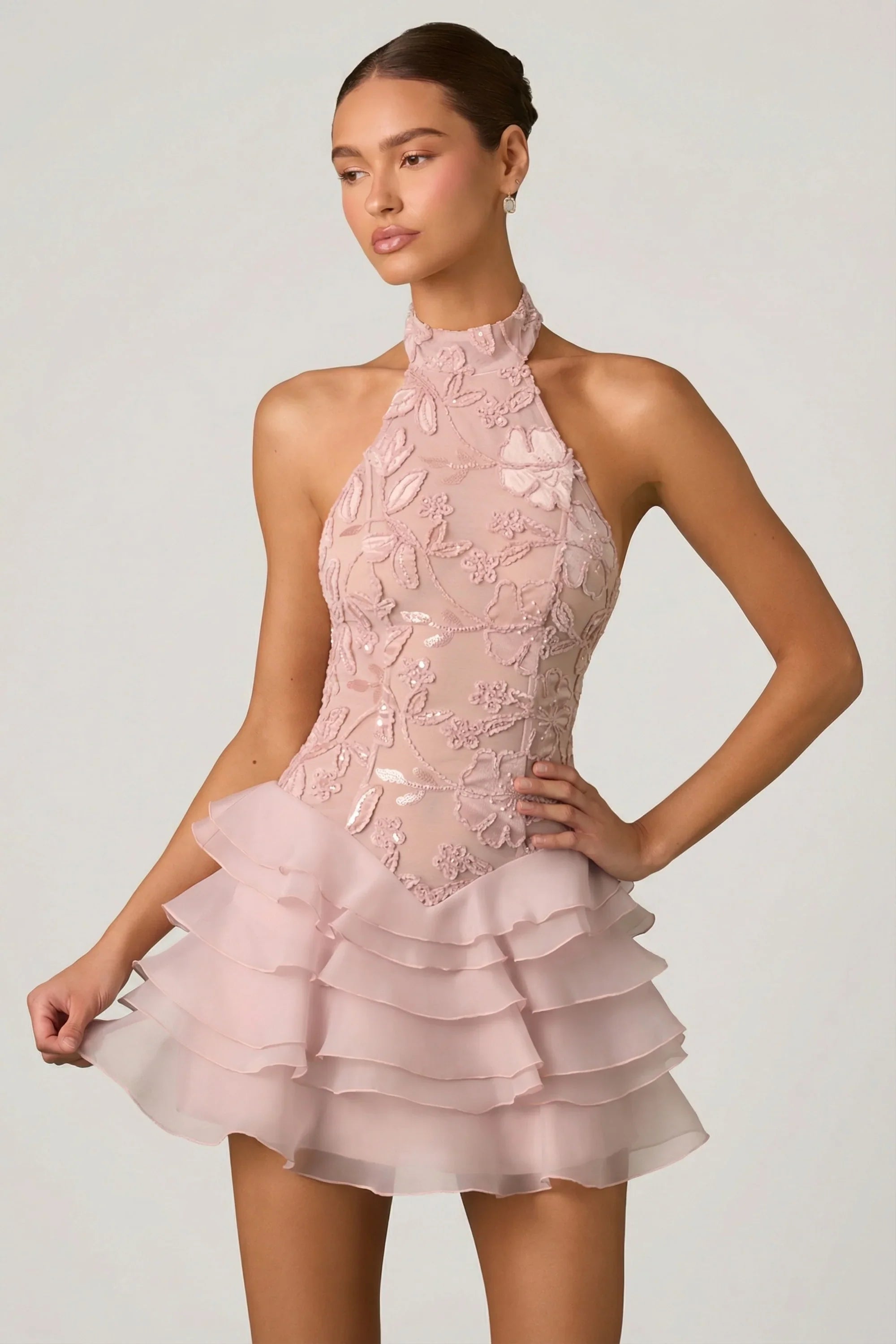 Embellished Ruffled Halterneck Mini Dress in Dusty Rose