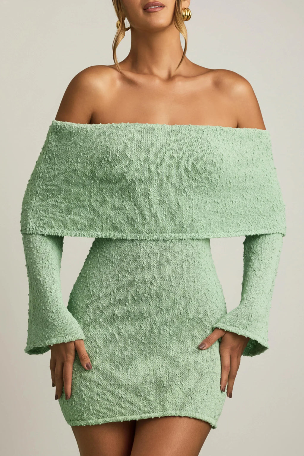 Bouclé Off-Shoulder Mini Dress in Mint