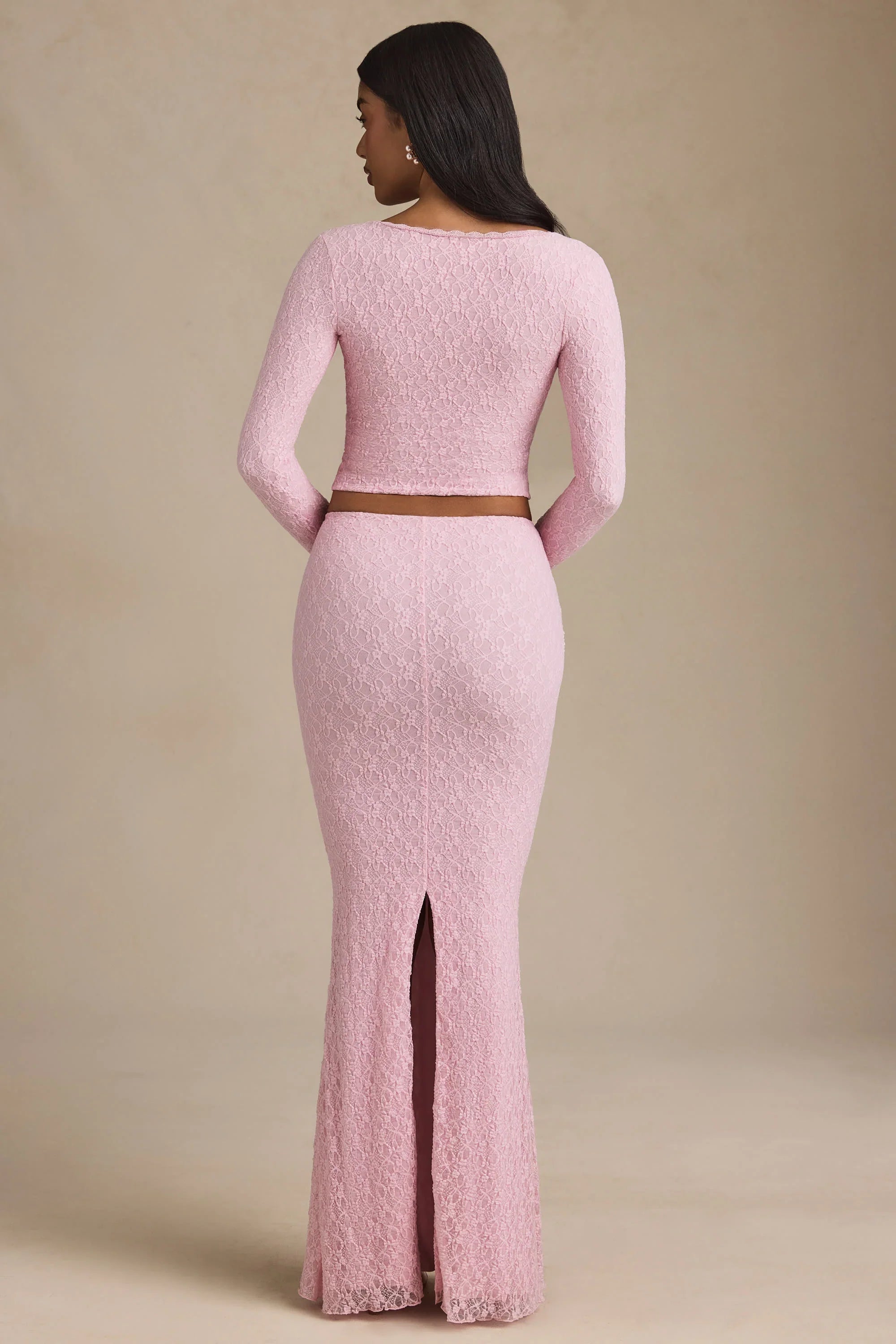 Draped Low-Rise Lace Maxi Skirt in Soft Pink