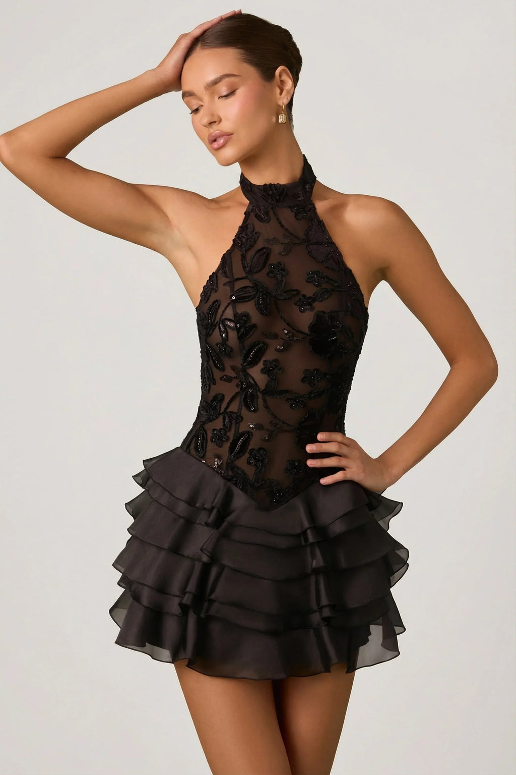 Embellished Ruffled Halterneck Mini Dress in Black