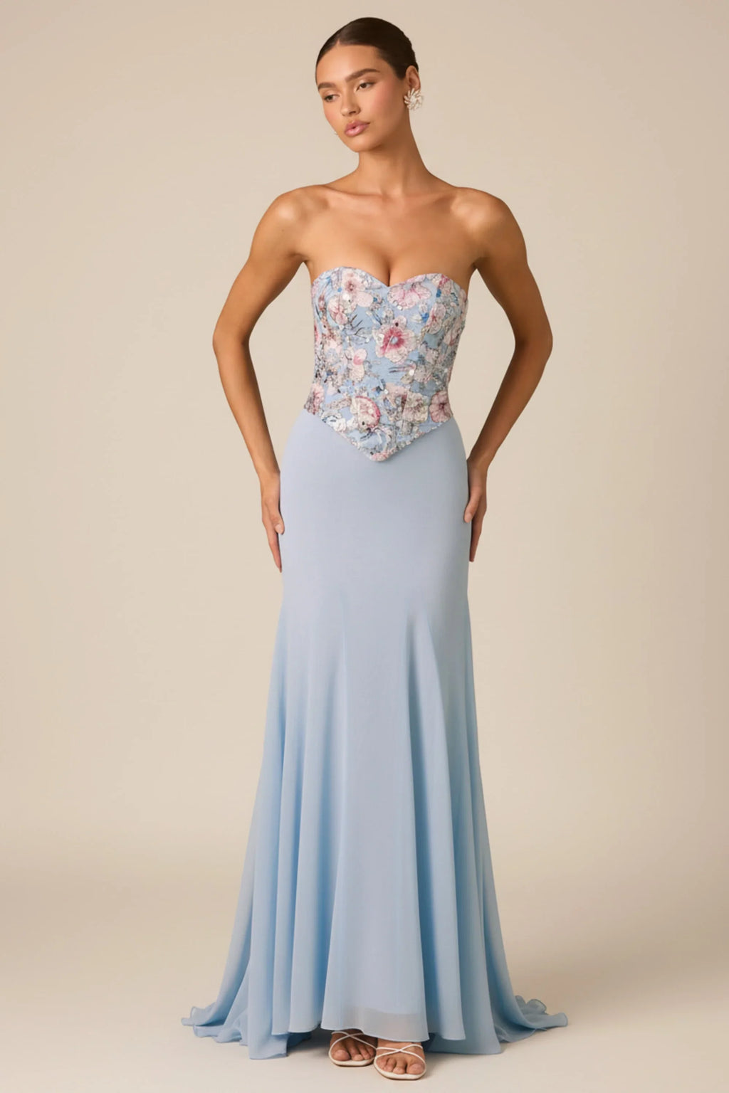 Embellished Corset Fishtail Gown in Floral Blue