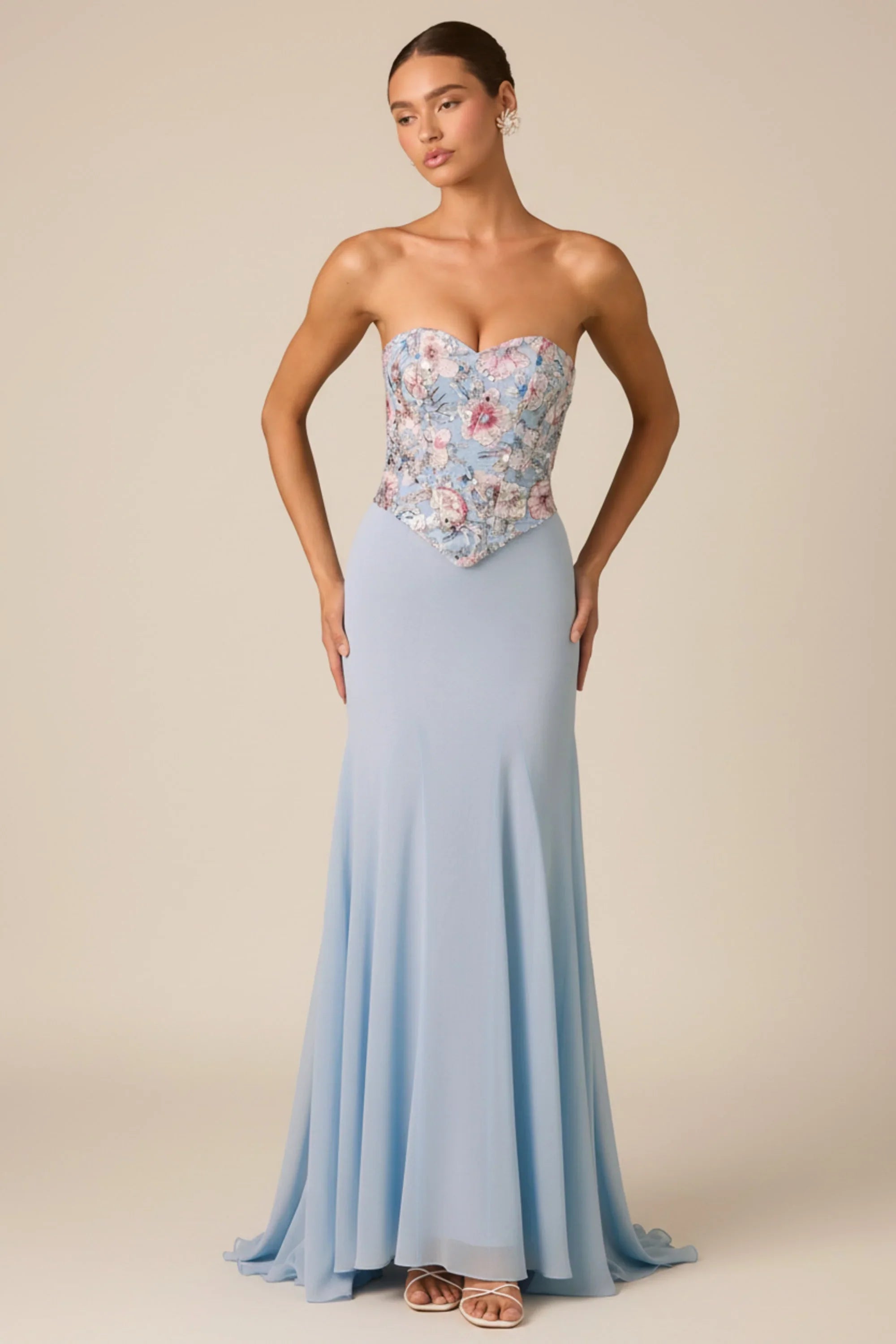 Embellished Corset Fishtail Gown in Floral Blue