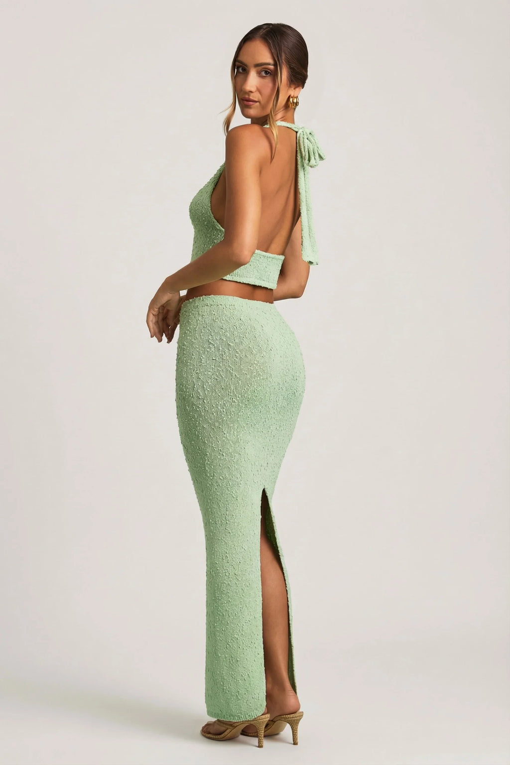 Bouclé Mid-Rise Maxi Skirt in Mint