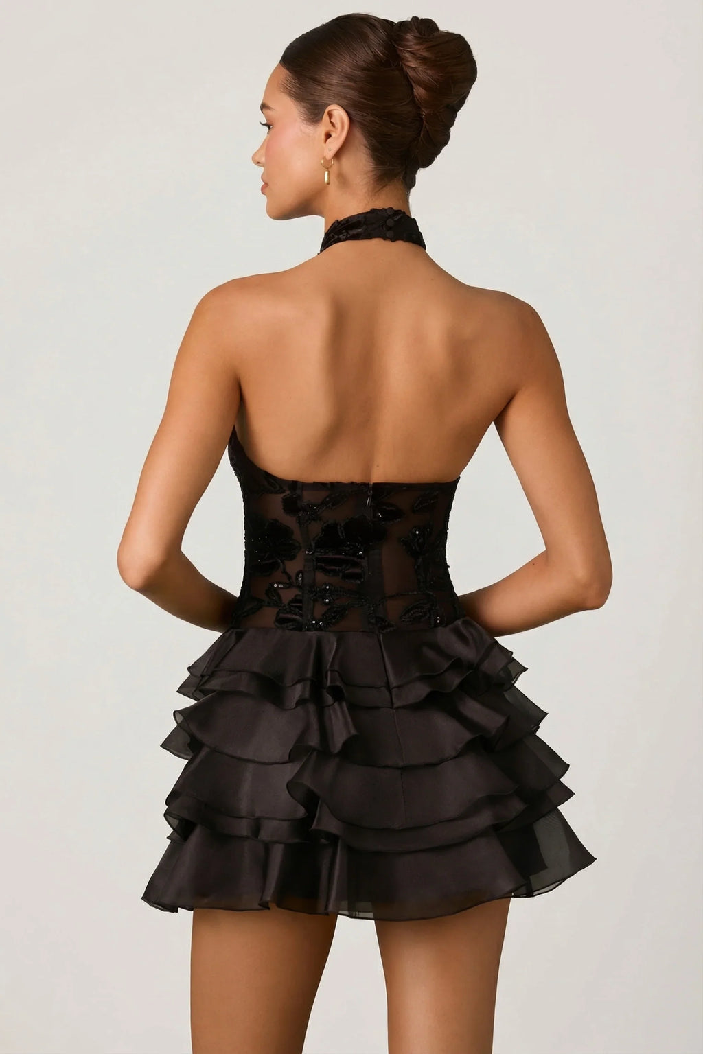 Embellished Ruffled Halterneck Mini Dress in Black