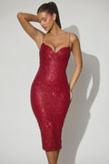 Embellished Sweetheart-Neck Midi Dress in Red