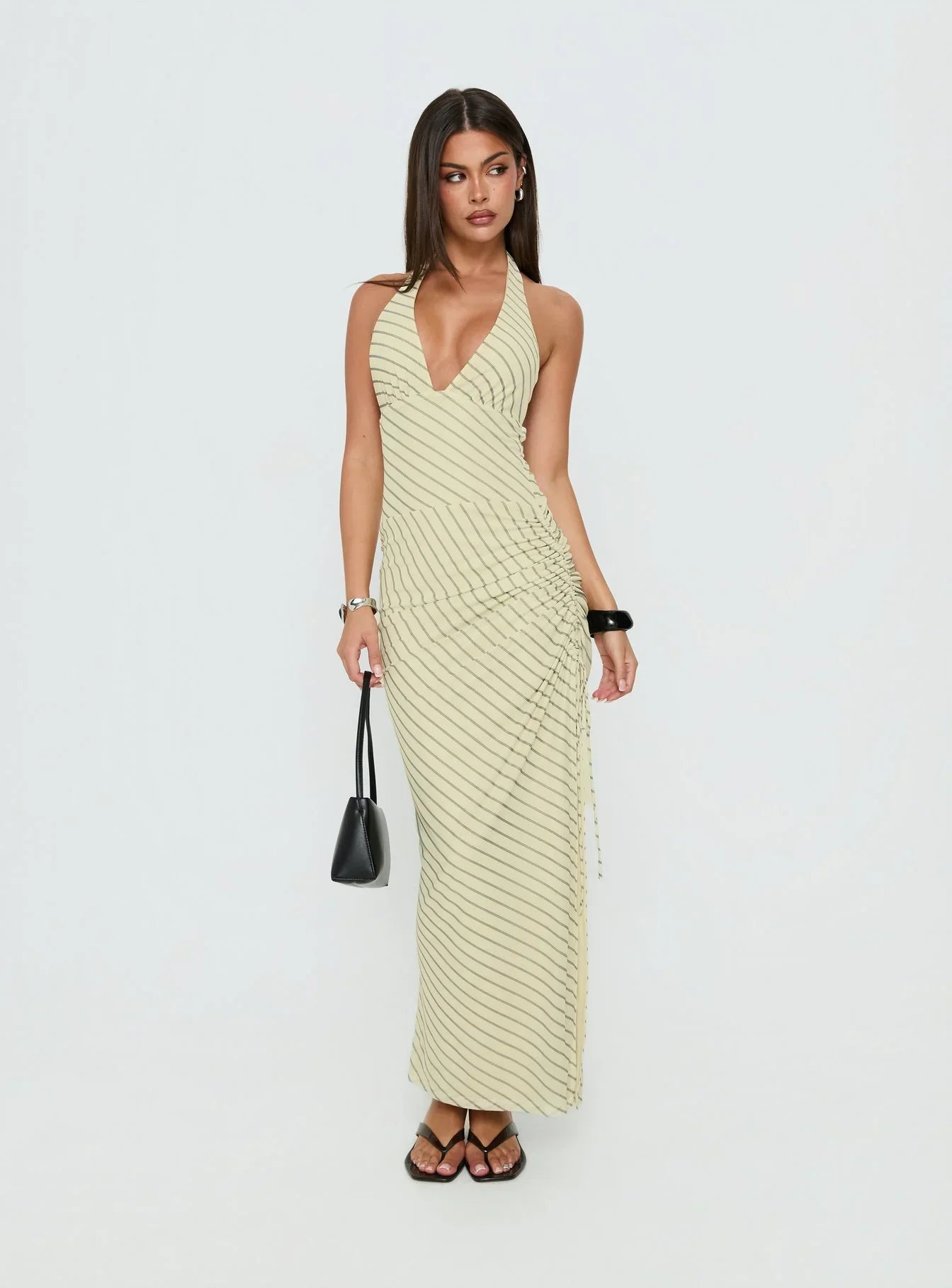 Adolena Halter Ruched Maxi Dress Yellow Stripe