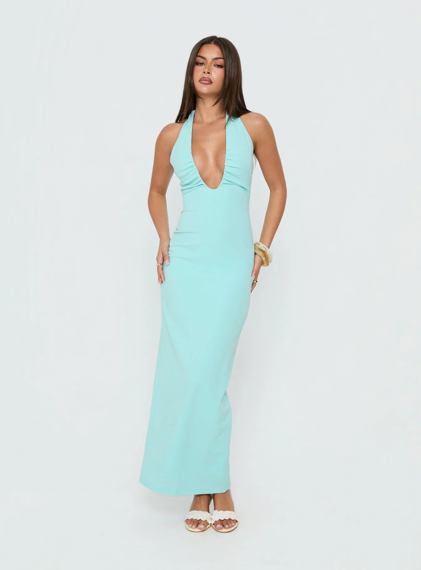 Soft Storm Plunge Halter Maxi Dress Turquoise