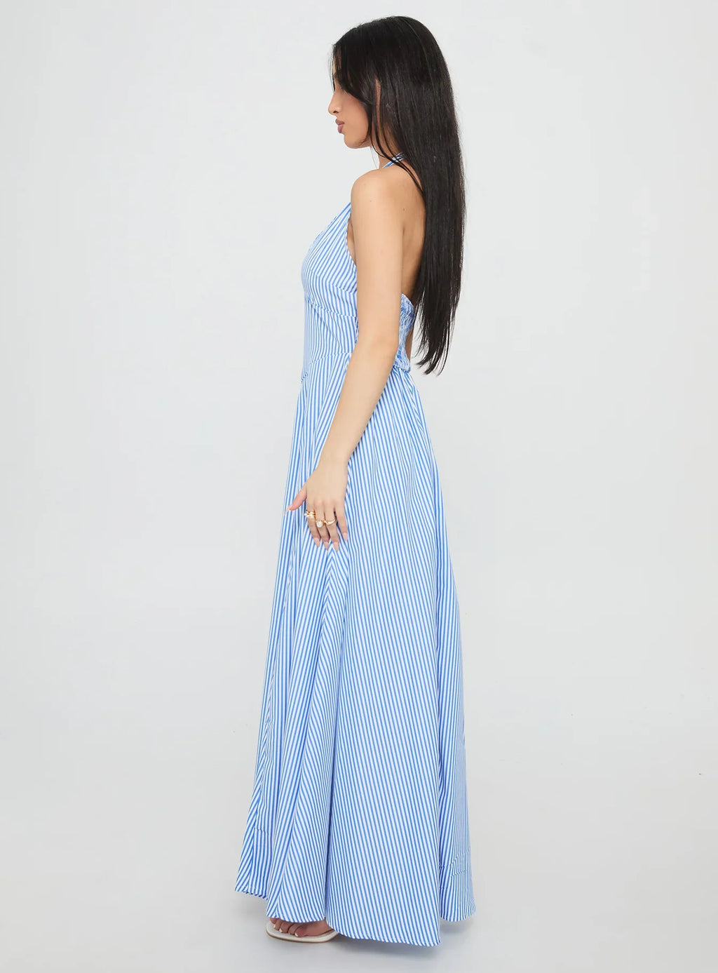 Ivie Halter Plunge Maxi Dress Blue Stripe