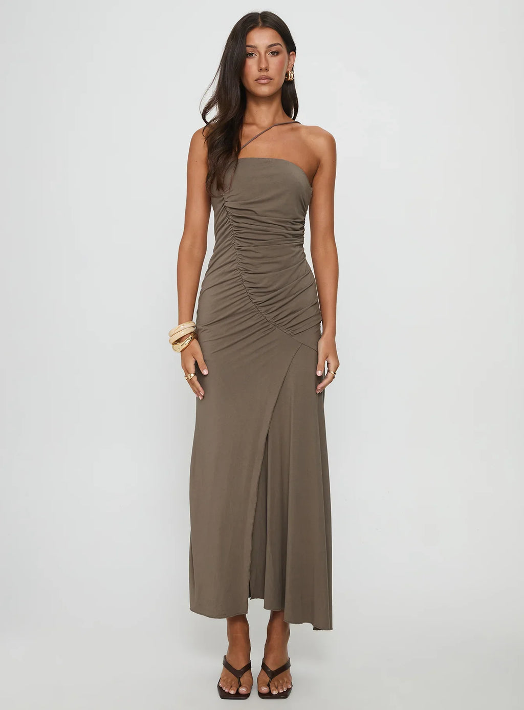 Romanie One Shoulder Ruched Maxi Dress Taupe
