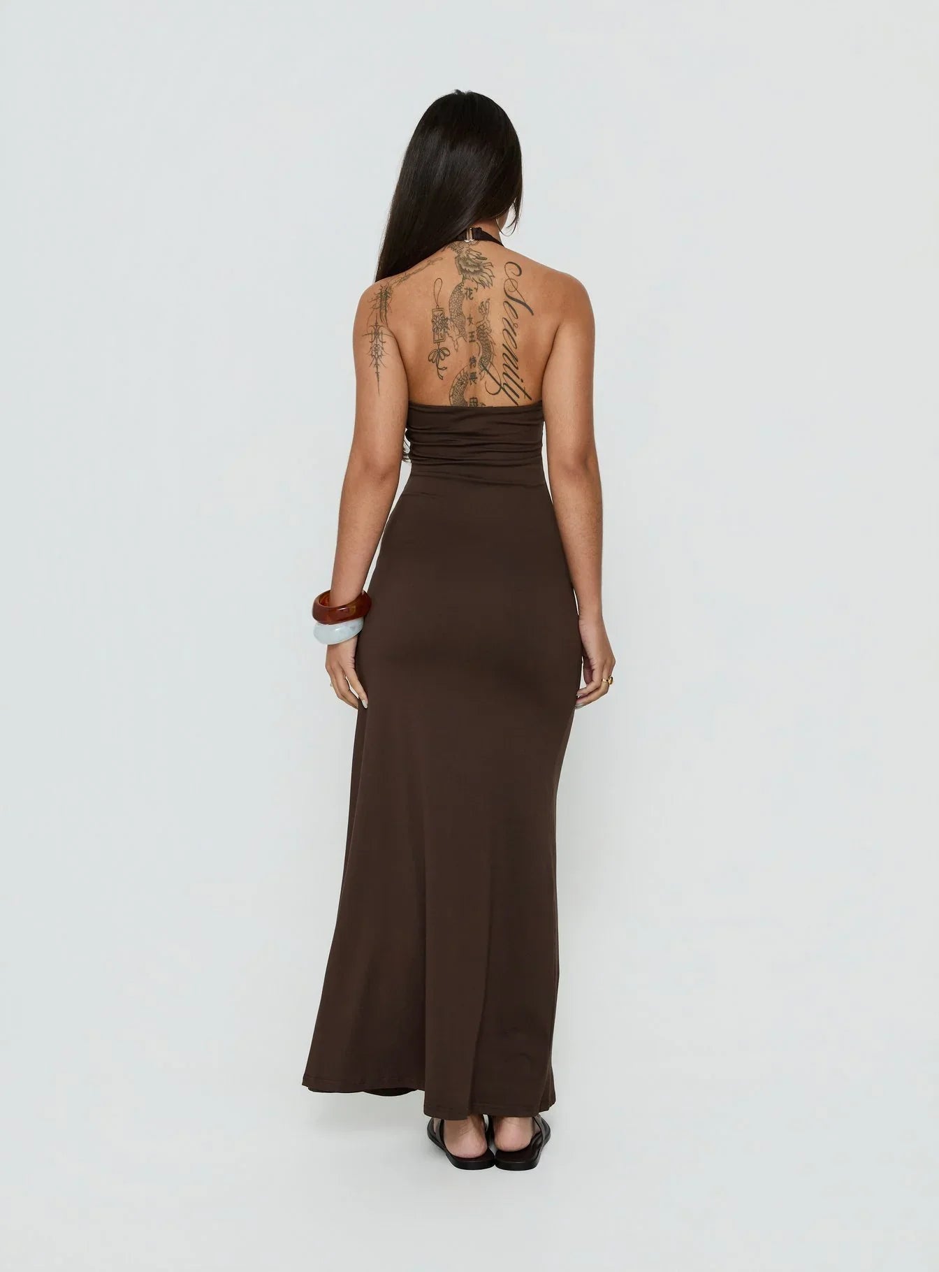 Cadira Ruched Halter Maxi Dress Chocolate