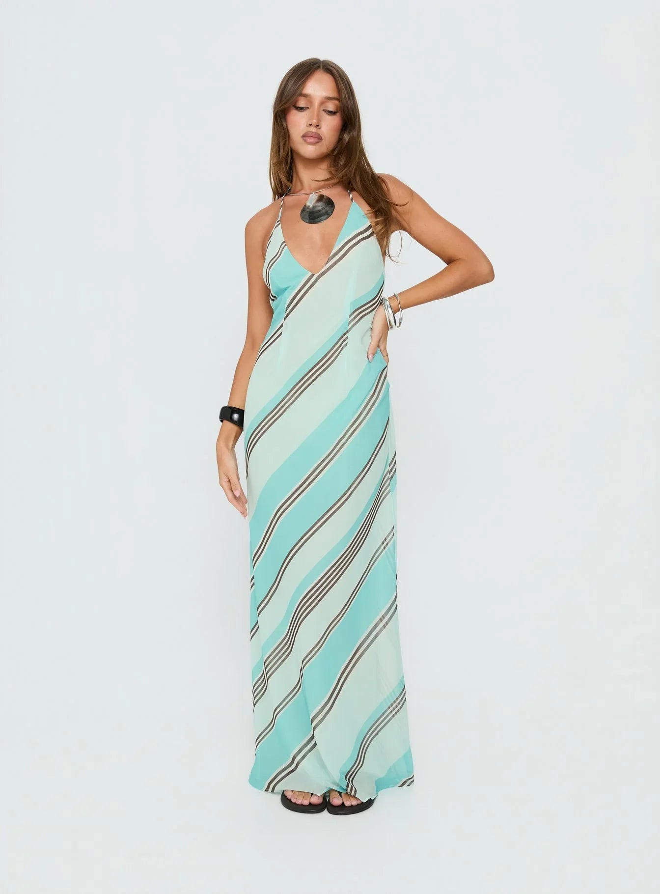 Esmira Halter Maxi Dress Blue Stripe