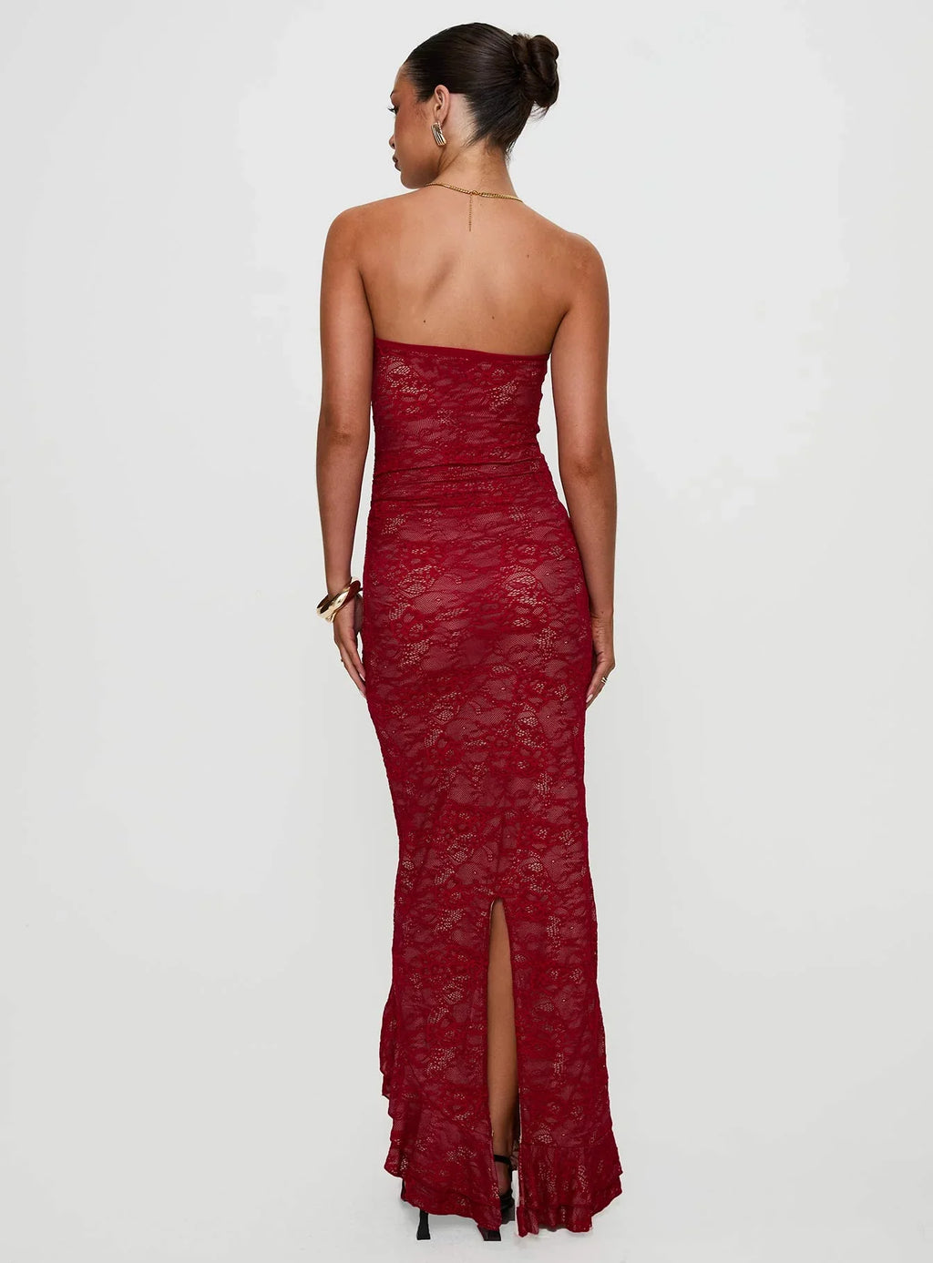 Hailees Lace Strapless Maxi Dress Red