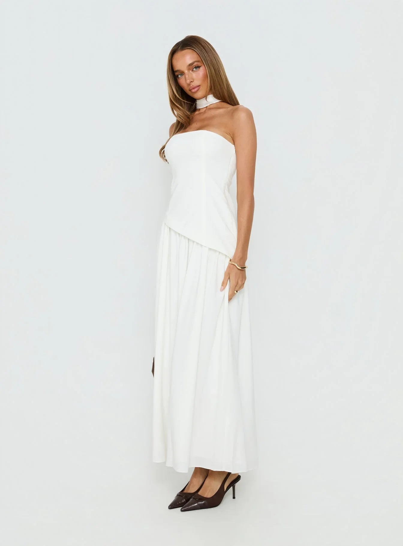 Odela Strapless Scarf Drop Waist Maxi Dress White