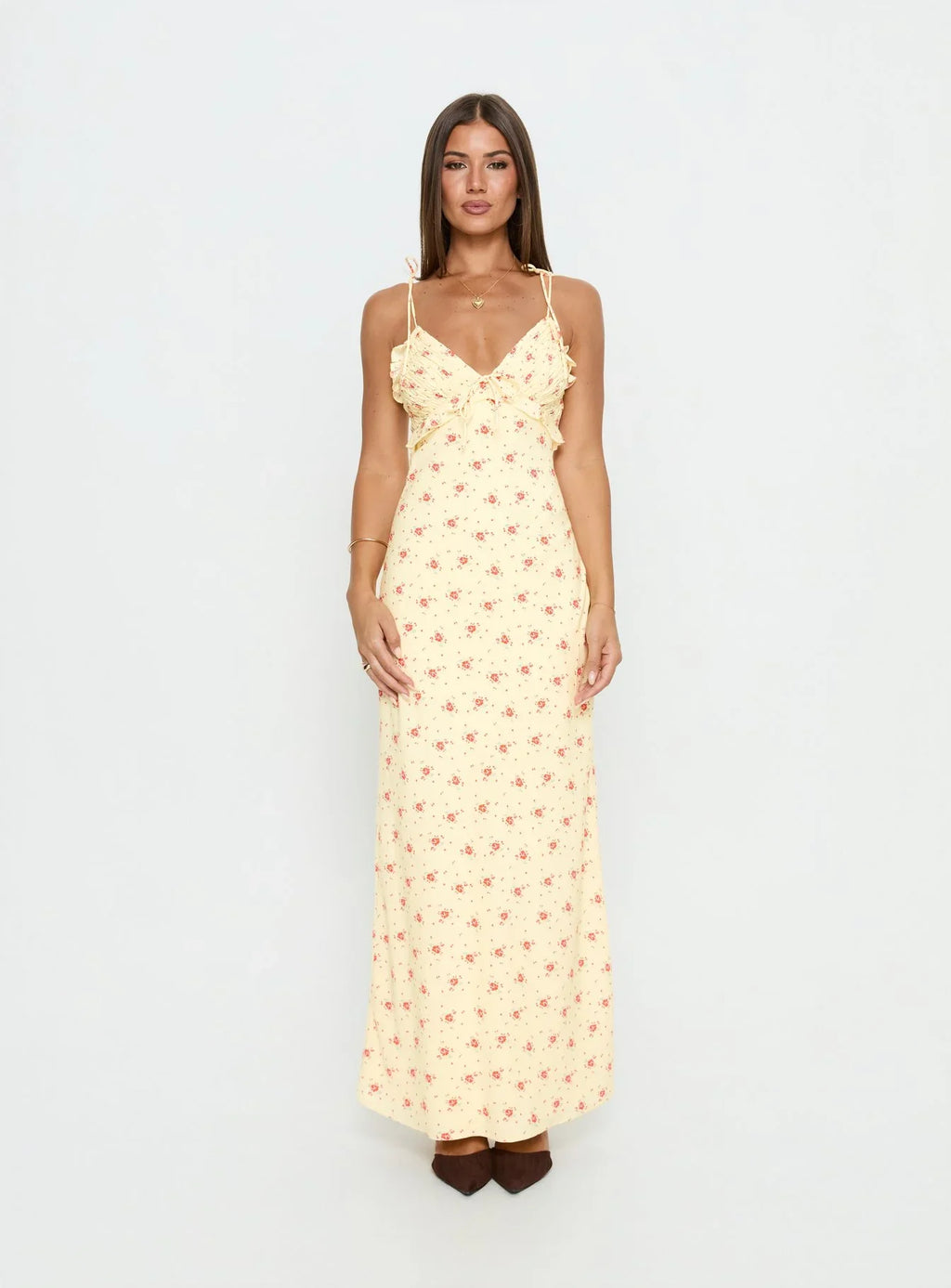 Morcar Frill V Neck Maxi Dress Yellow Floral