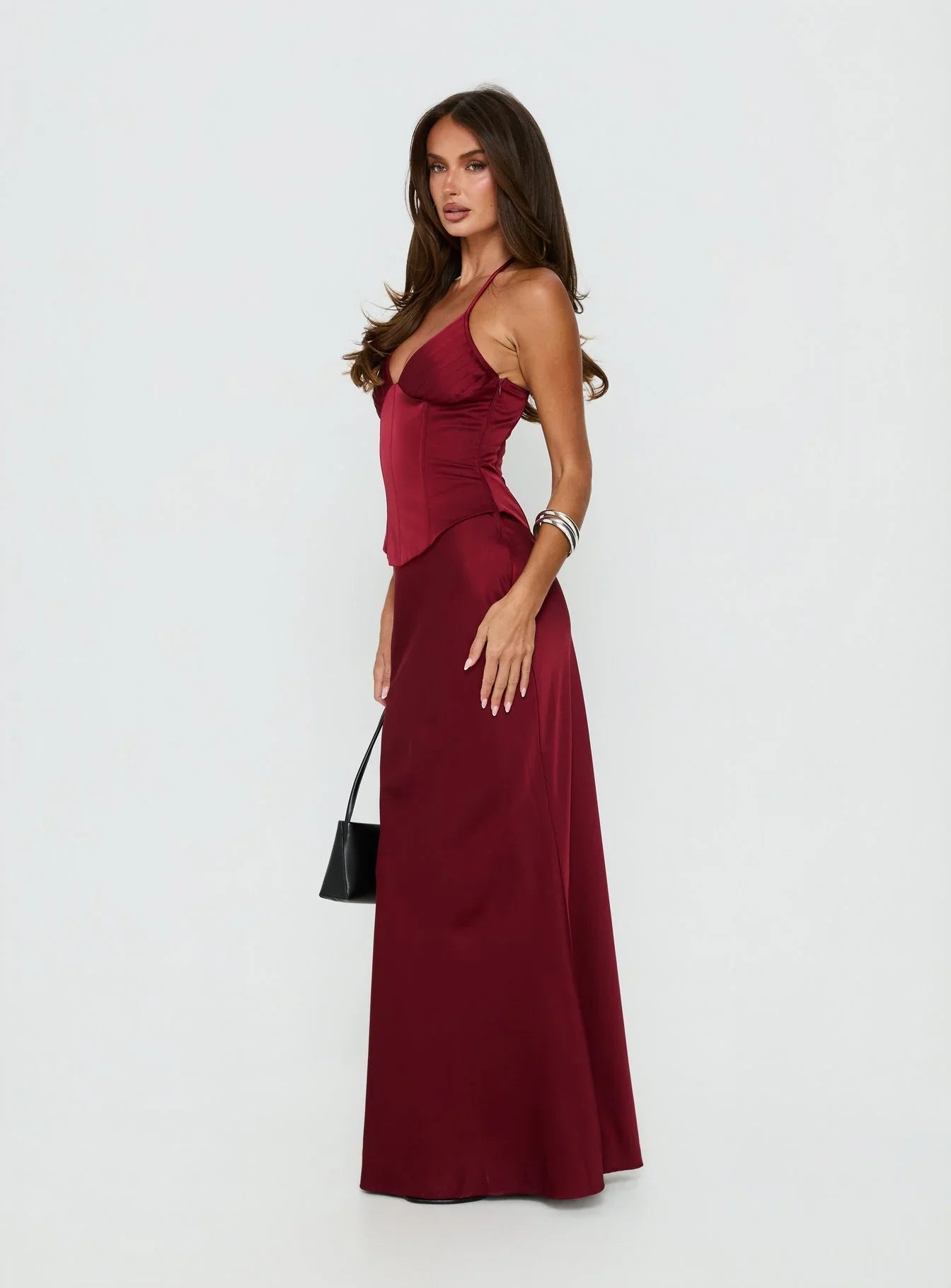 Devotedness Satin Corset Maxi Dress Deep Red