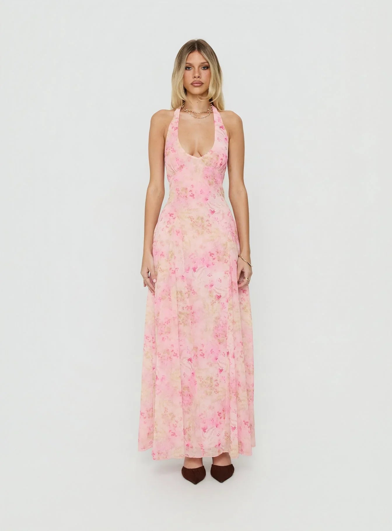Dandelions Halter Maxi Dress Pink Floral
